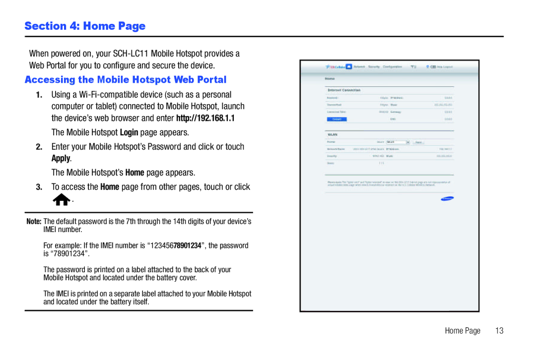 Samsung SCH-I915TSAVZW user manual Home, Accessing the Mobile Hotspot Web Portal 