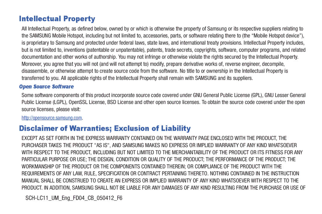 Samsung SCH-I915TSAVZW user manual Intellectual Property, Open Source Software 