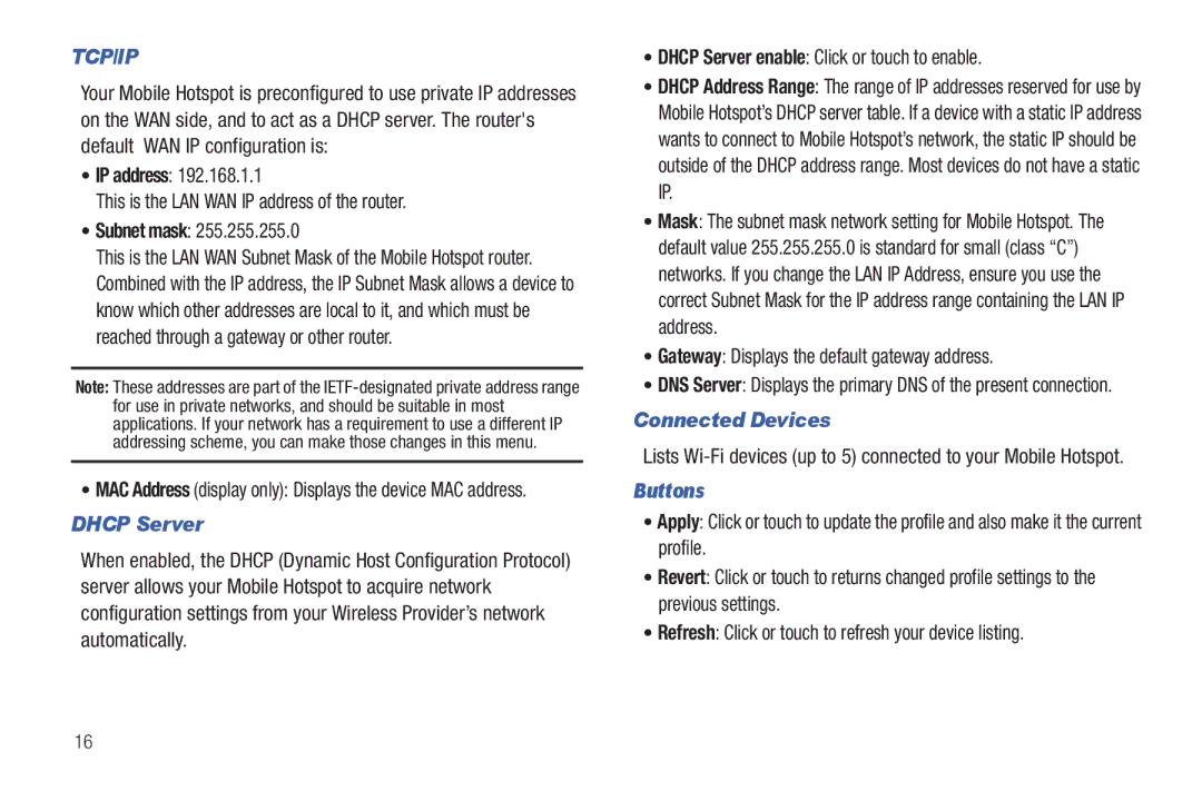 Samsung SCH-I915TSAVZW user manual Dhcp Server, Gateway Displays the default gateway address, Connected Devices, Buttons 