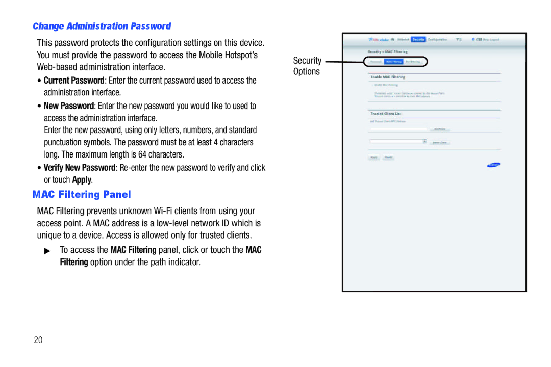 Samsung SCH-I915TSAVZW user manual MAC Filtering Panel, Change Administration Password 