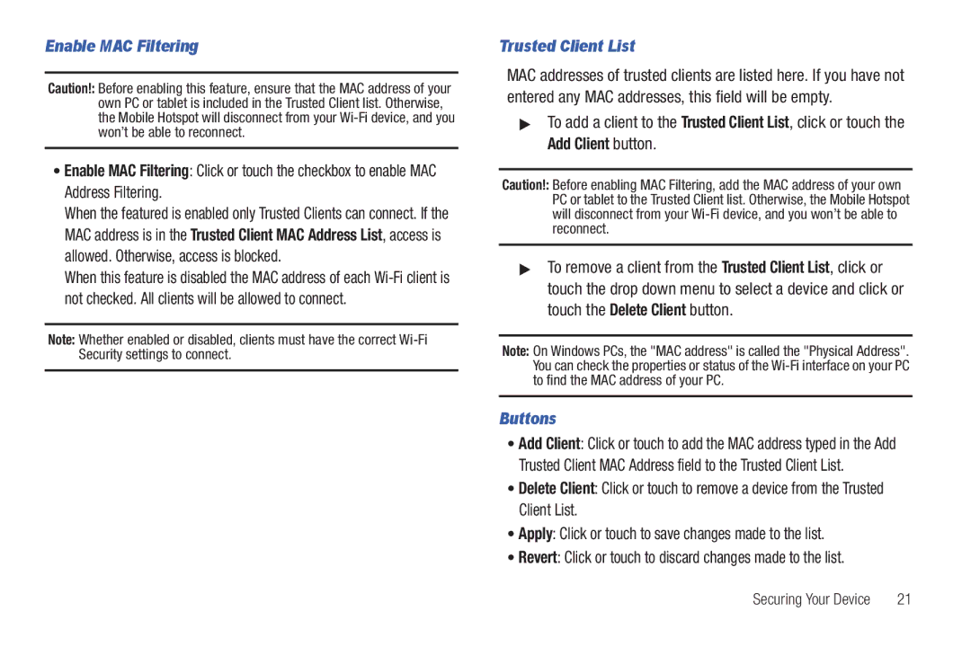 Samsung SCH-I915TSAVZW user manual Enable MAC Filtering, Trusted Client List 