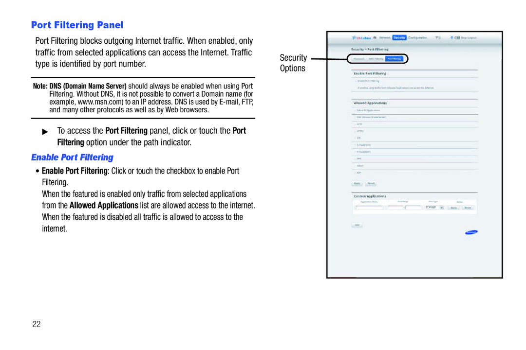 Samsung SCH-I915TSAVZW user manual Port Filtering Panel, Enable Port Filtering 