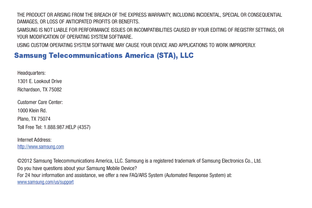 Samsung SCH-I915TSAVZW user manual Samsung Telecommunications America STA, LLC 