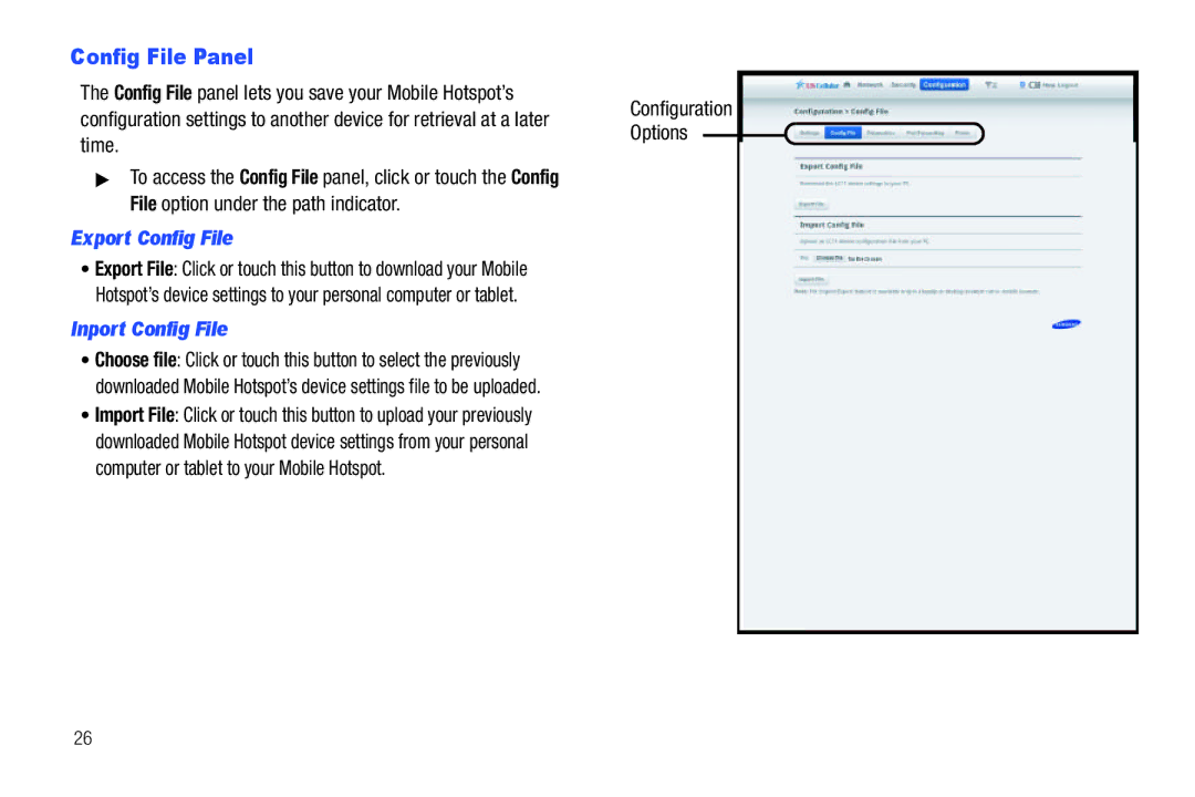 Samsung SCH-I915TSAVZW user manual Config File Panel, Export Config File, Inport Config File, Configuration Options 