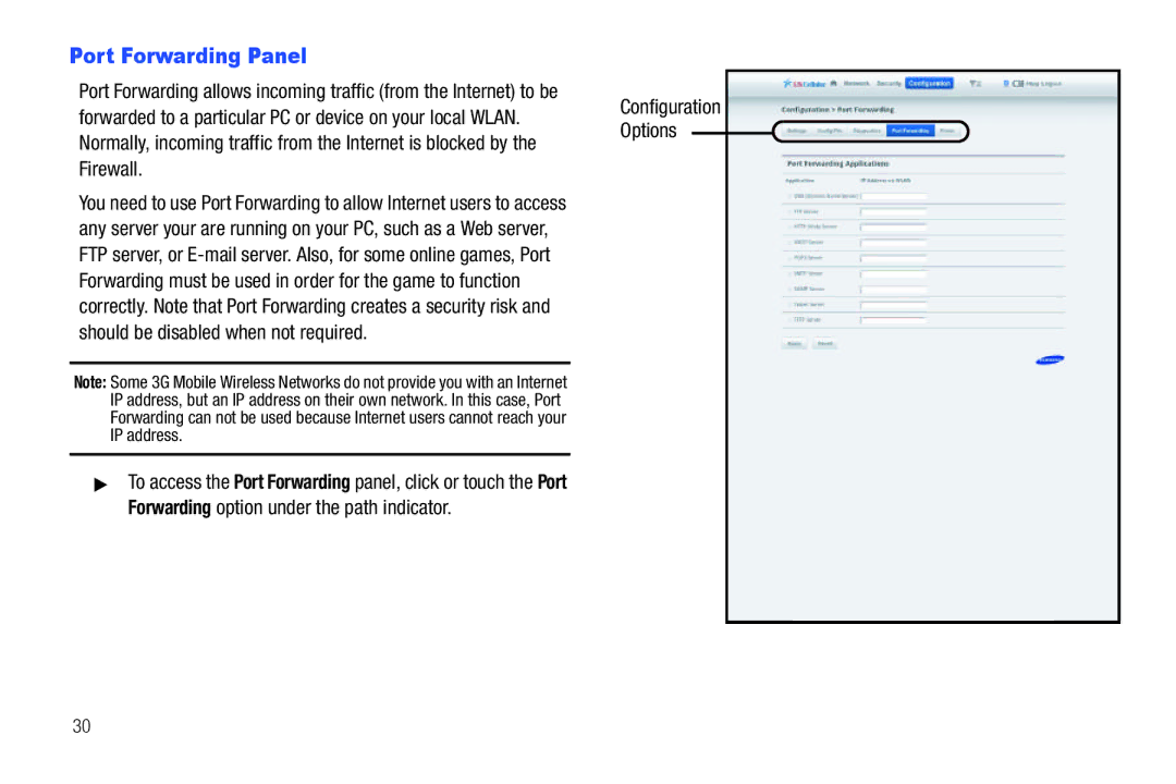 Samsung SCH-I915TSAVZW user manual Port Forwarding Panel, Configuration Options 