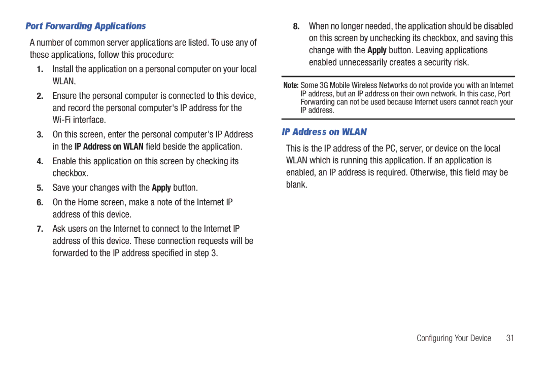 Samsung SCH-I915TSAVZW user manual Port Forwarding Applications, IP Address on Wlan 