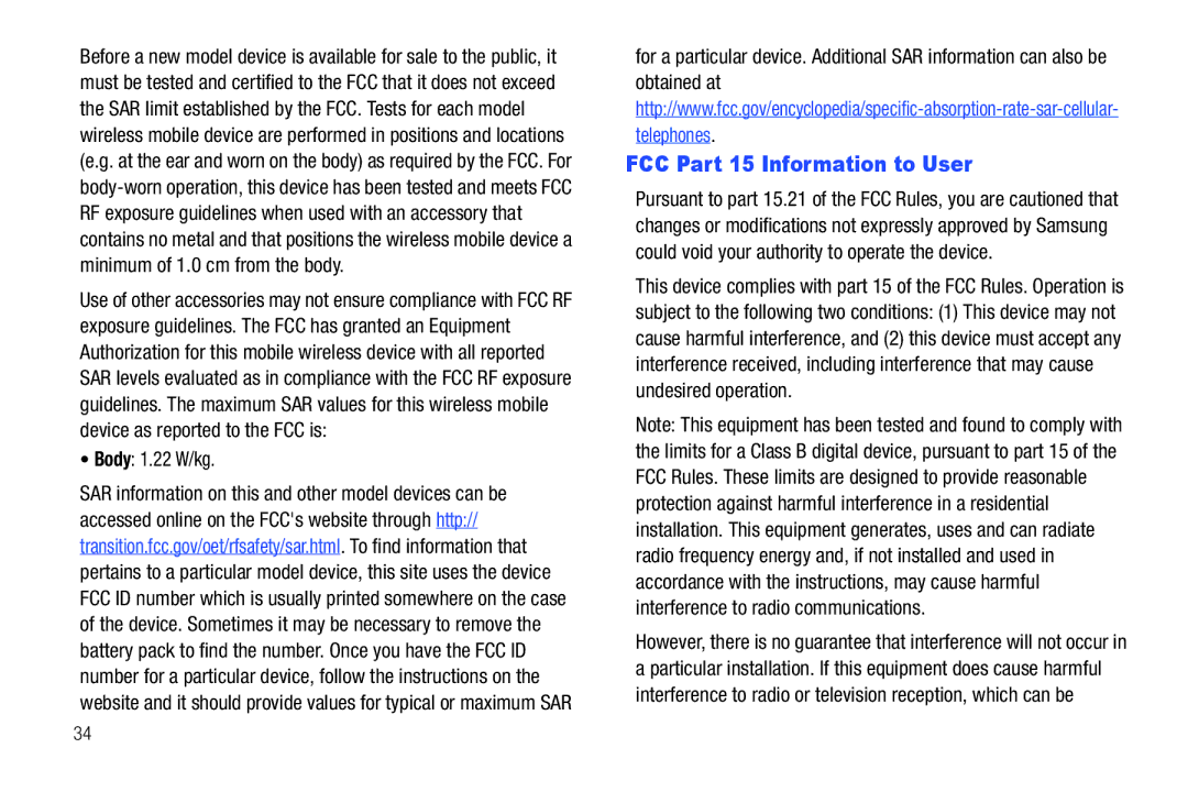 Samsung SCH-I915TSAVZW user manual FCC Part 15 Information to User, Body 1.22 W/kg 