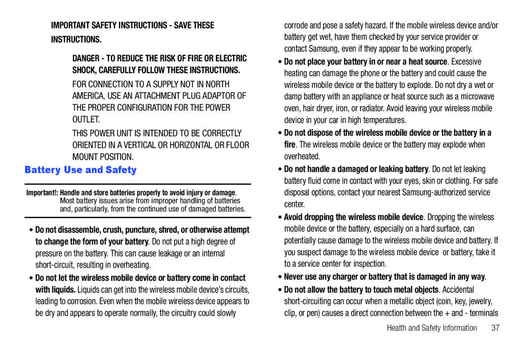 Samsung SCH-I915TSAVZW user manual Battery Use and Safety, Instructions 