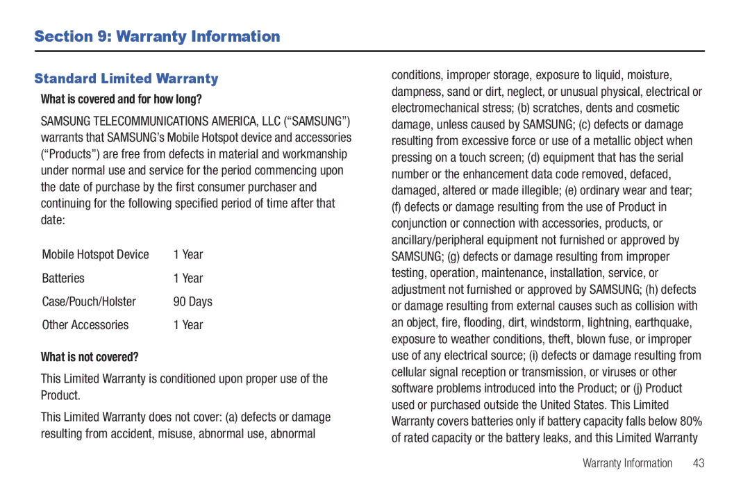 Samsung SCH-I915TSAVZW user manual Warranty Information, Standard Limited Warranty, What is covered and for how long? 