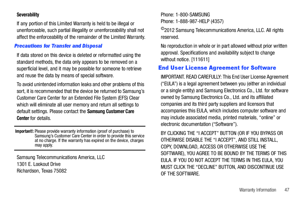 Samsung SCH-I915TSAVZW End User License Agreement for Software, Severability, Precautions for Transfer and Disposal 