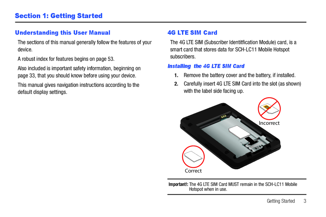 Samsung SCH-I915TSAVZW user manual Getting Started, Installing the 4G LTE SIM Card 