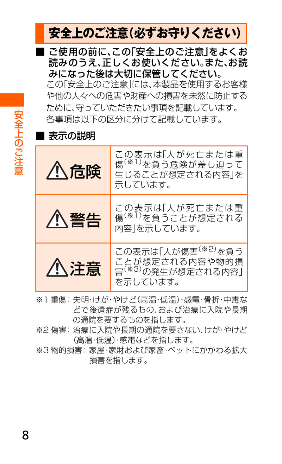 Samsung SCH-J021ZBJKDI, SCH-J021ZWJKDI manual 各事項は以下の区分に分けて記載しています。, を負う危険が差し迫って, 生じることが想定される内容」を, 示しています。 