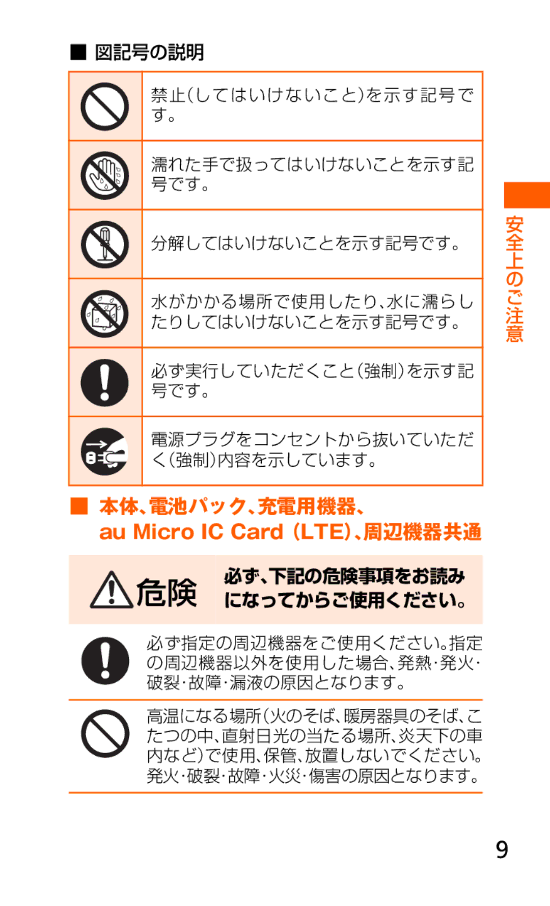 Samsung SCH-J021ZWJKDI, SCH-J021ZBJKDI manual 本体、電池パック、充電用機器、, 必ず指定の周辺機器をご使用ください。指定 の周辺機器以外を使用した場合、発熱・発火・ 破裂・故障・漏液の原因となります。 