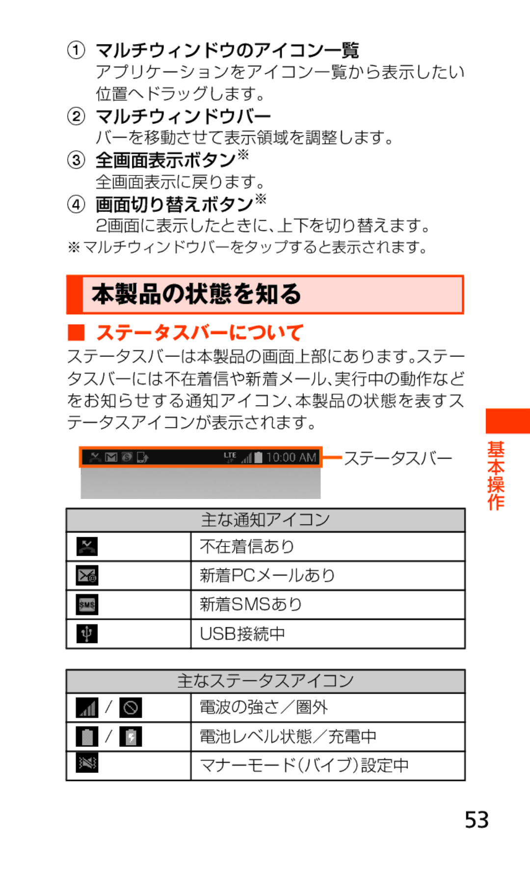 Samsung SCH-J021ZWJKDI, SCH-J021ZBJKDI manual 本製品の状態を知る, ステータスバーについて 