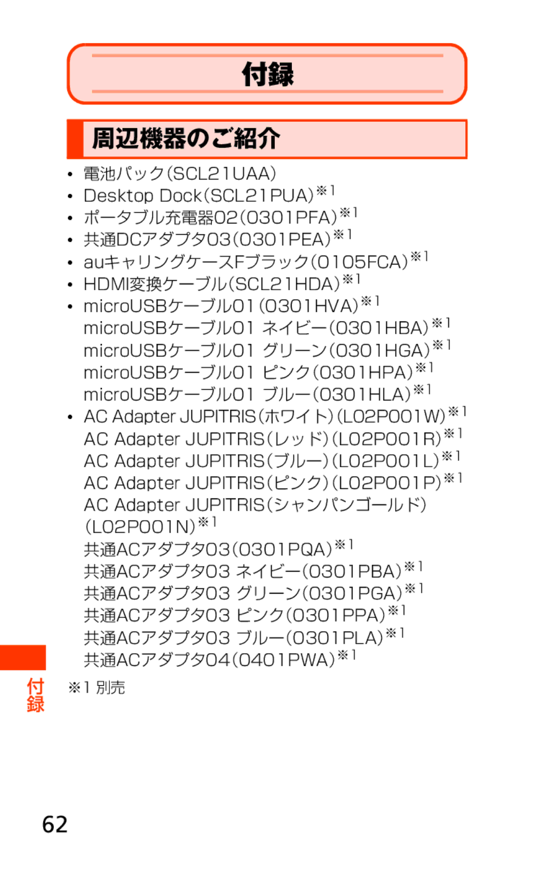 Samsung SCH-J021ZBJKDI manual 周辺機器のご紹介, AuキャリングケースFブラック（0105FCA）, 共通ACアダプタ03 ネイビー（0301PBA）, 共通ACアダプタ03 グリーン（0301PGA）, ※1 別売 