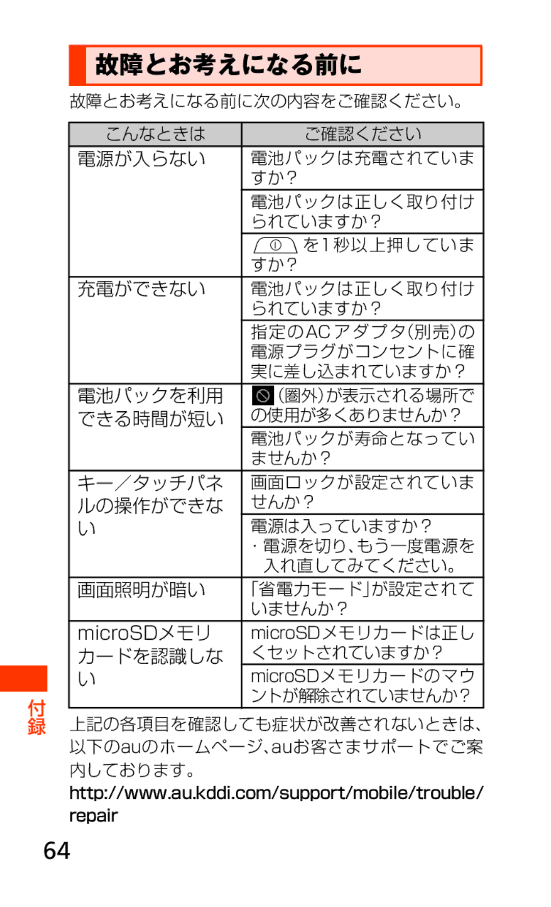 Samsung SCH-J021ZBJKDI, SCH-J021ZWJKDI manual 故障とお考えになる前に 