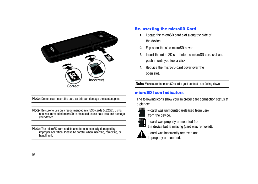 Samsung SCH-M828C user manual Re-inserting the microSD Card, MicroSD Icon Indicators, Incorrect Correct 