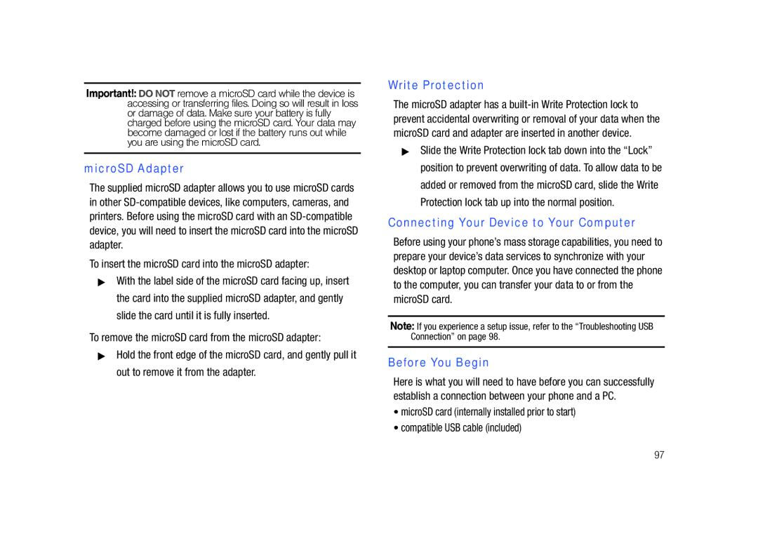 Samsung SCH-M828C user manual MicroSD Adapter, Write Protection, Connecting Your Device to Your Computer 