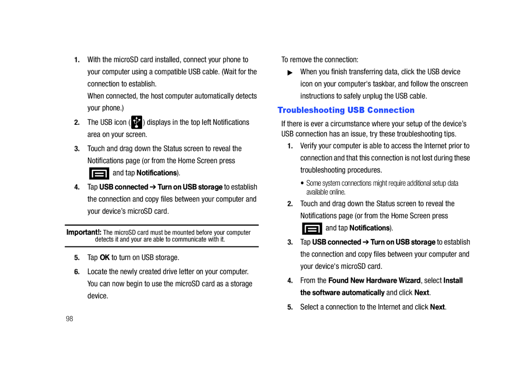 Samsung SCH-M828C user manual Troubleshooting USB Connection, Select a connection to the Internet and click Next 