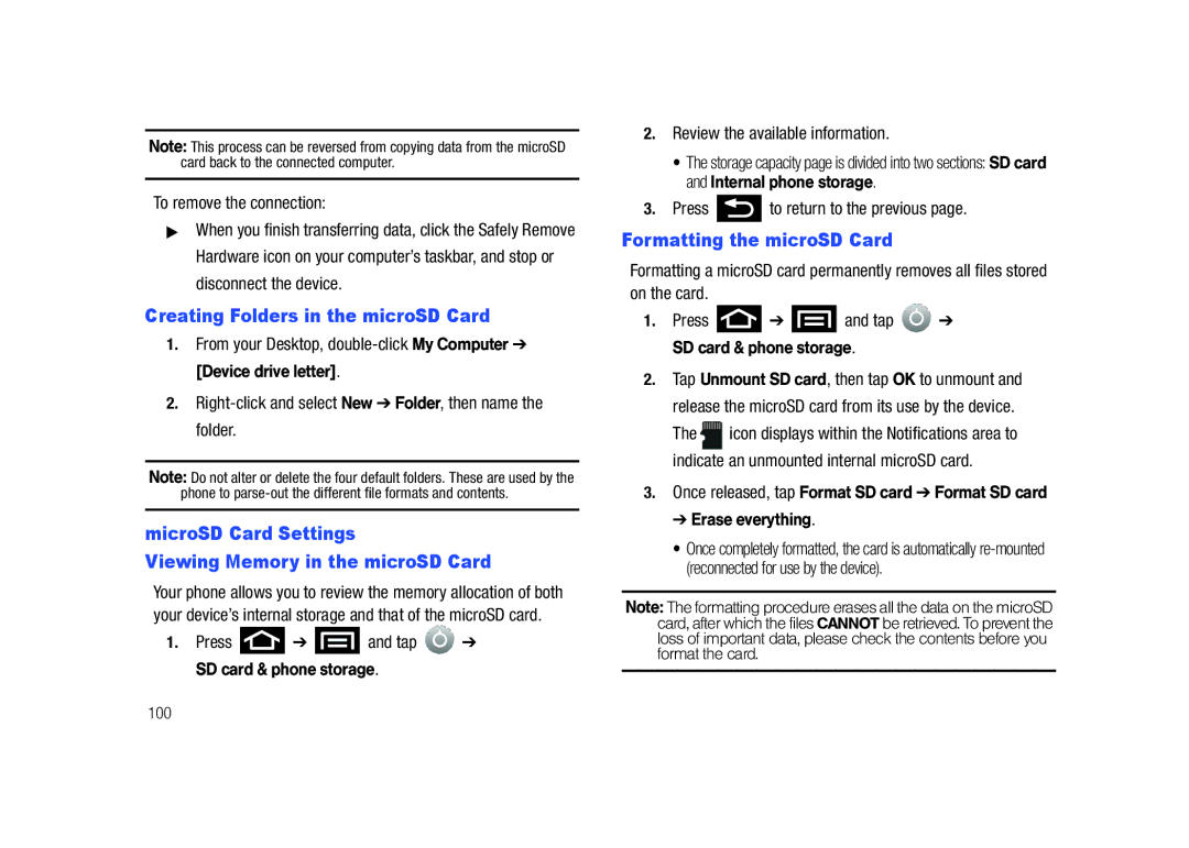 Samsung SCH-M828C Creating Folders in the microSD Card, MicroSD Card Settings Viewing Memory in the microSD Card 