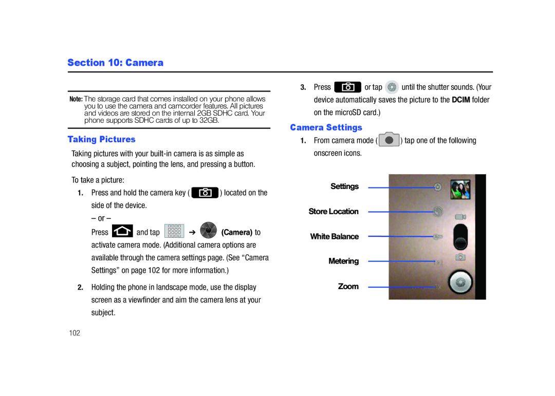 Samsung SCH-M828C user manual Taking Pictures, Camera Settings, On the microSD card, 102 