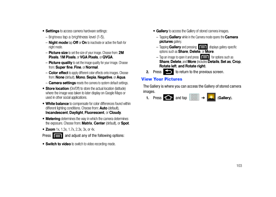 Samsung SCH-M828C user manual View Your Pictures, Settings to access camera hardware settings, 103 