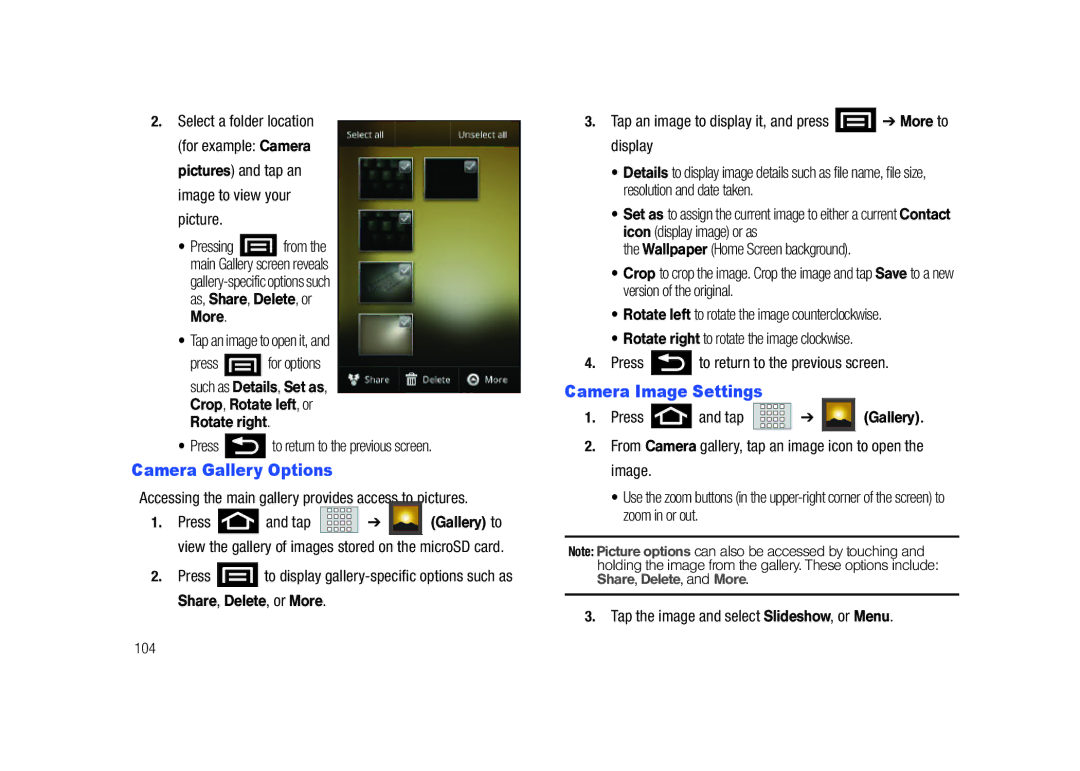 Samsung SCH-M828C user manual Camera Gallery Options, Camera Image Settings, Tap an image to open it, 104 