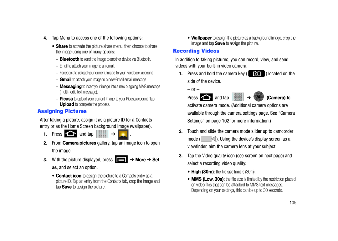 Samsung SCH-M828C user manual Assigning Pictures, Recording Videos, Tap Menu to access one of the following options 