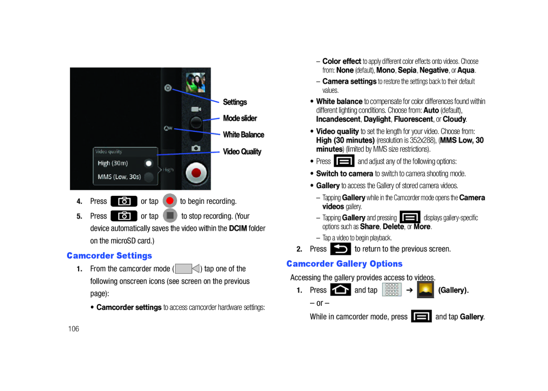 Samsung SCH-M828C Camcorder Settings, Camcorder Gallery Options, While in camcorder mode, press and tap Gallery 106 