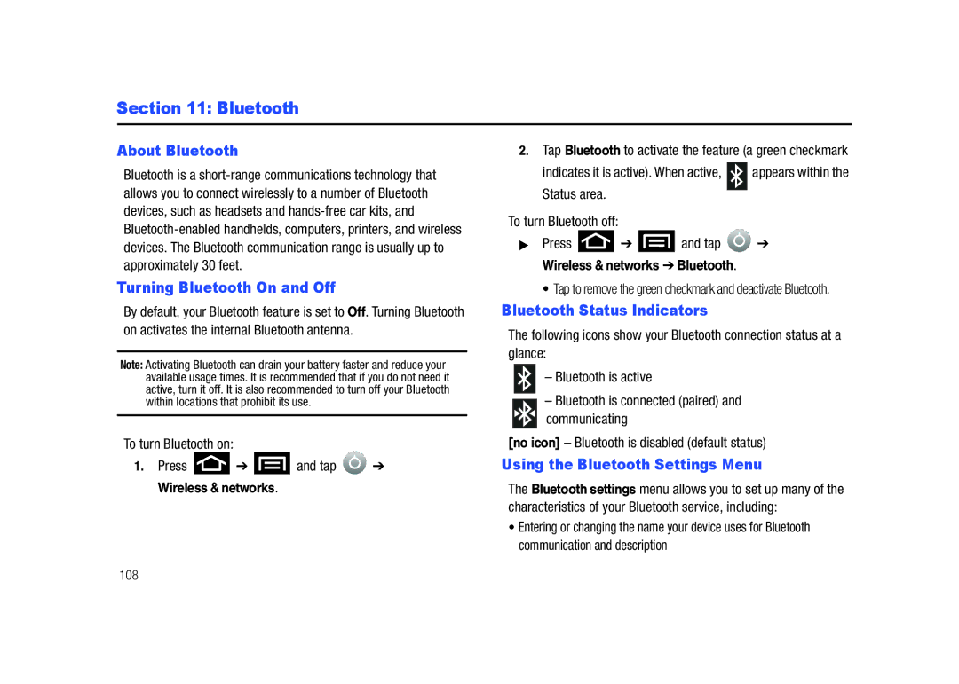 Samsung SCH-M828C user manual About Bluetooth, Turning Bluetooth On and Off, Bluetooth Status Indicators 