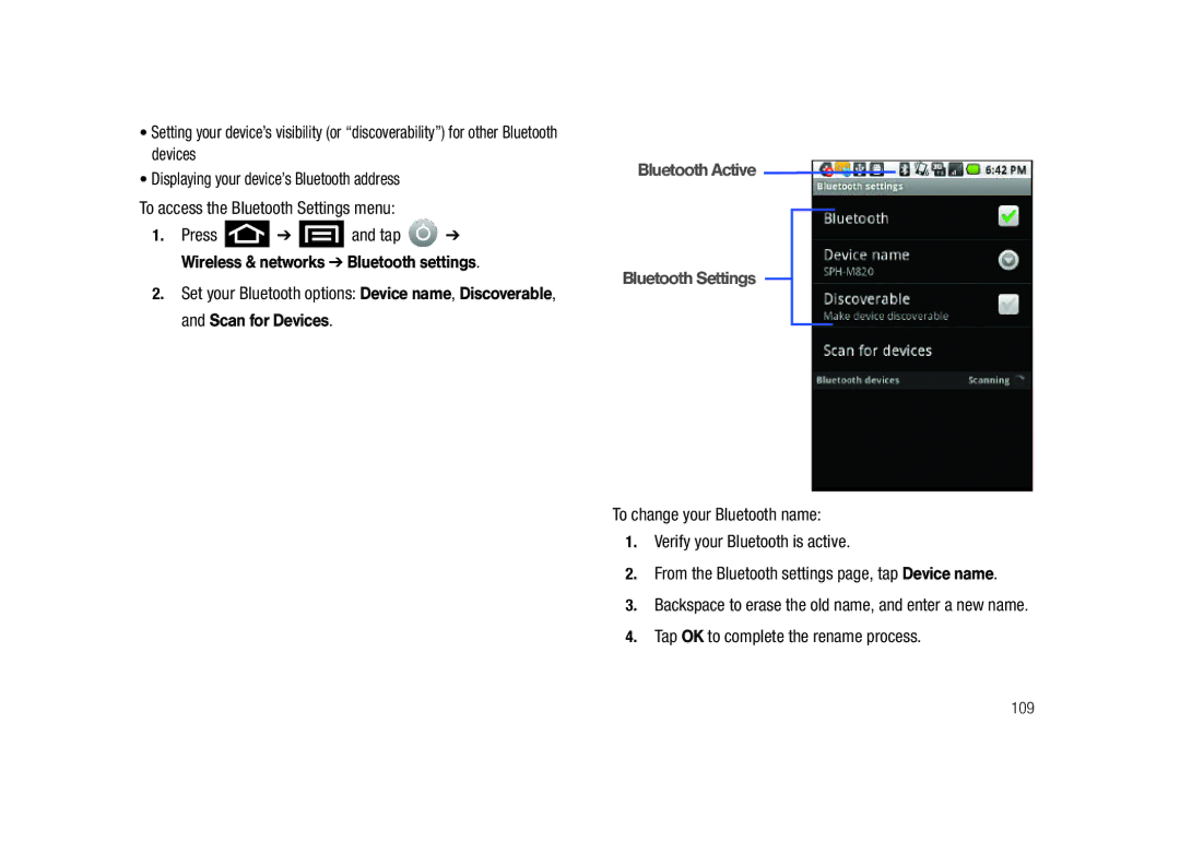 Samsung SCH-M828C Tap OK to complete the rename process, Press and tap Wireless & networks Bluetooth settings, 109 