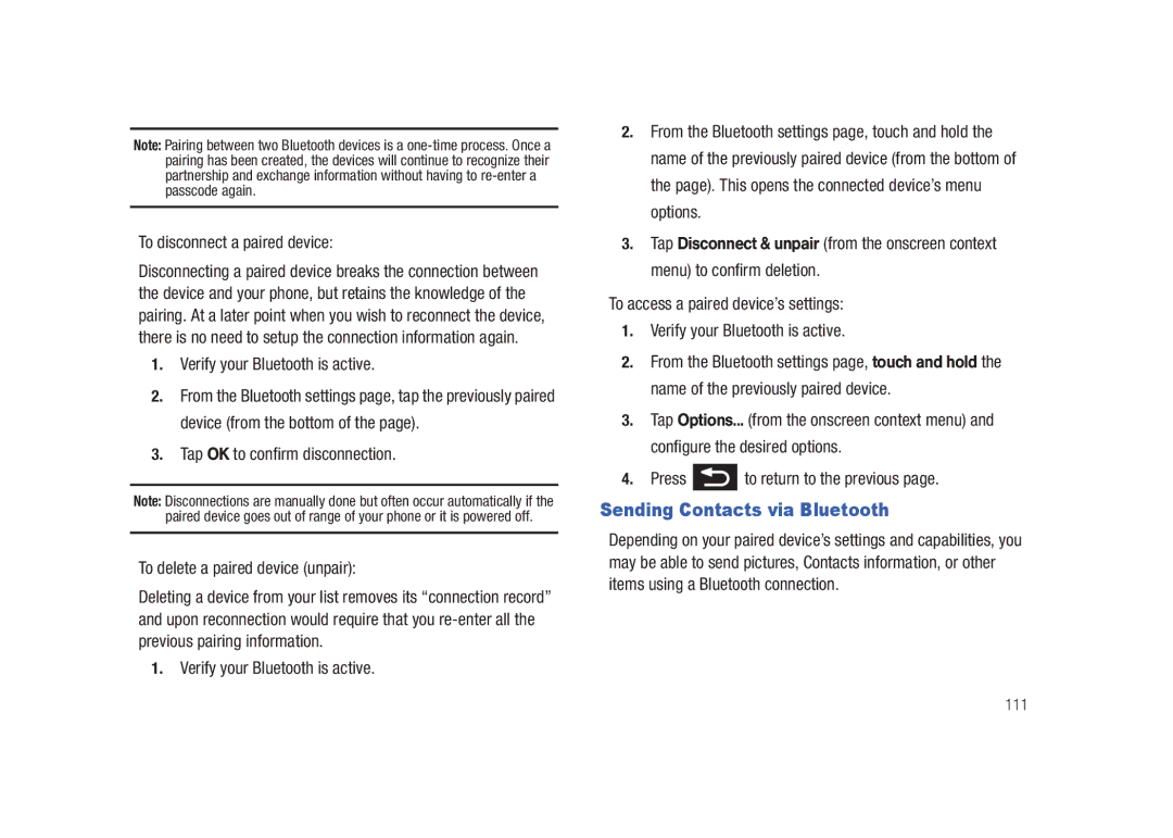 Samsung SCH-M828C user manual Sending Contacts via Bluetooth, To disconnect a paired device 