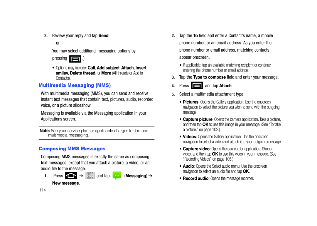 Samsung SCH-M828C Multimedia Messaging MMS, Composing MMS Messages, Record audio Opens the message recorder, 114 