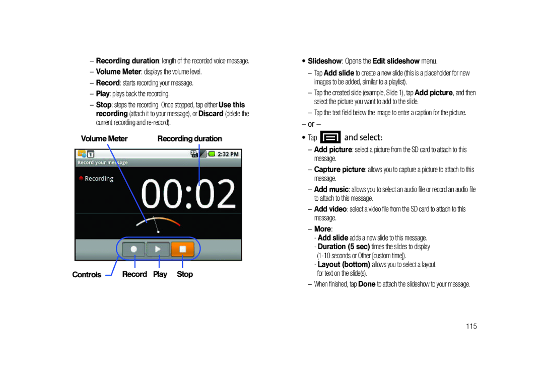 Samsung SCH-M828C user manual Volume Meter, Recording duration length of the recorded voice message, Recordingduration, 115 