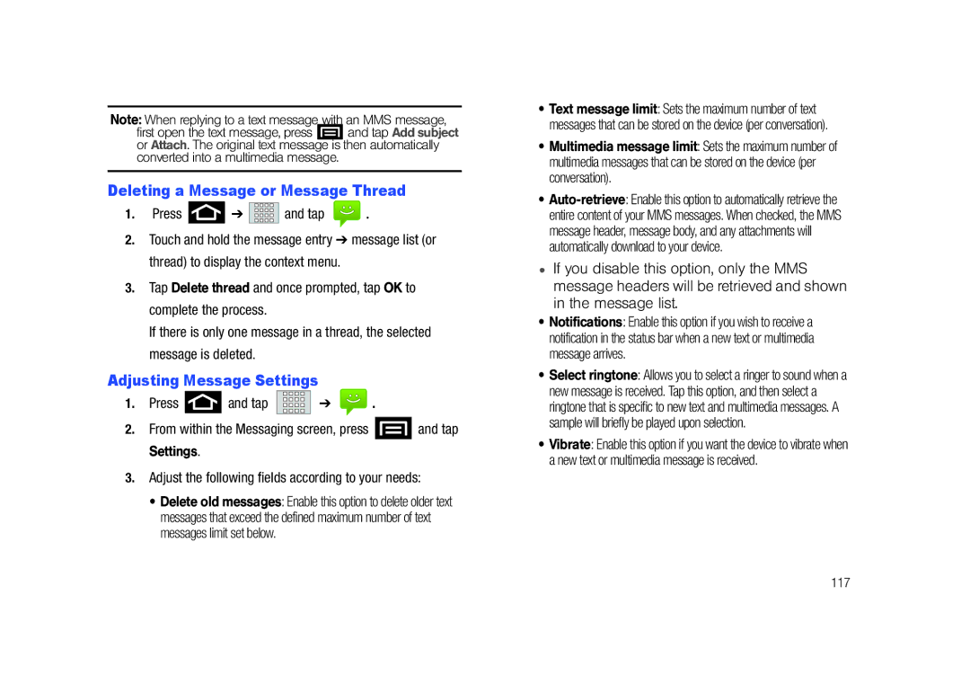 Samsung SCH-M828C user manual Deleting a Message or Message Thread, Adjusting Message Settings, 117 