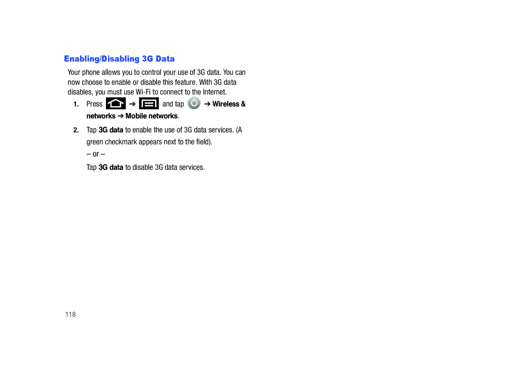 Samsung SCH-M828C user manual Enabling/Disabling 3G Data, Press and tap Wireless & networks Mobile networks, 118 