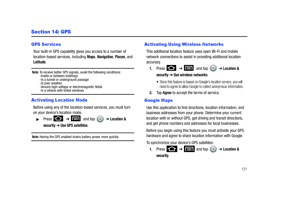 Samsung SCH-M828C user manual Gps, GPS Services, Activating Location Mode, Activating Using Wireless Networks, Google Maps 