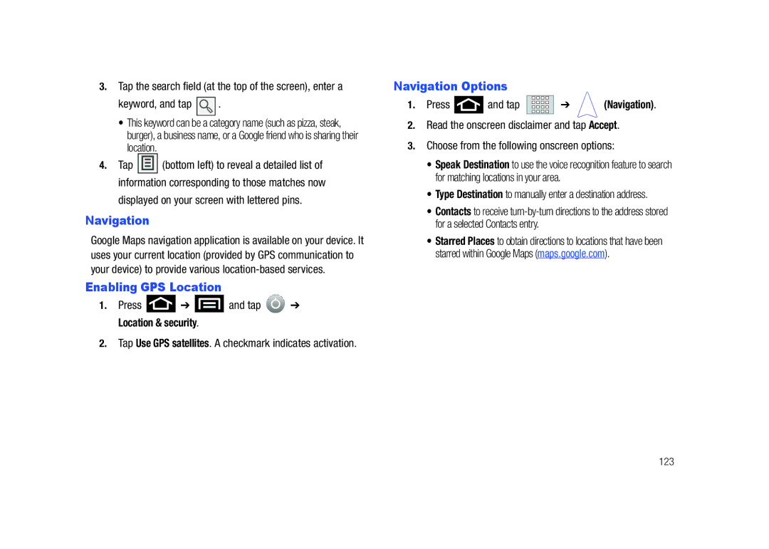 Samsung SCH-M828C user manual Enabling GPS Location, Navigation Options, Keyword, and tap 