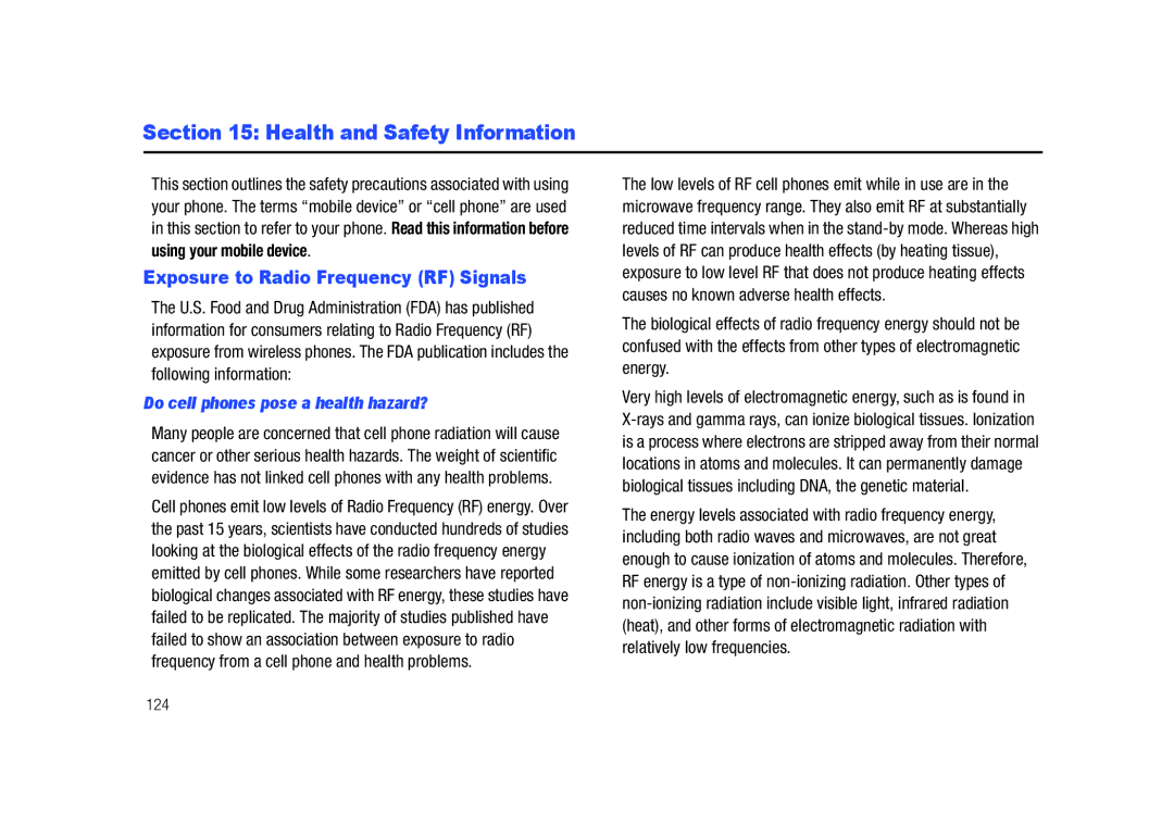 Samsung SCH-M828C user manual Health and Safety Information, Exposure to Radio Frequency RF Signals, 124 