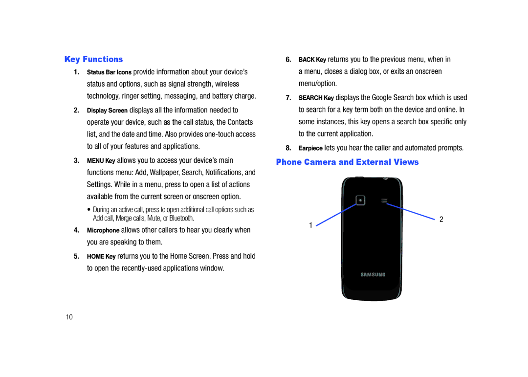 Samsung SCH-M828C user manual Key Functions, Phone Camera and External Views 