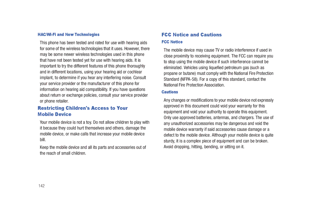 Samsung SCH-M828C user manual Restricting Childrens Access to Your Mobile Device, FCC Notice and Cautions, 142 