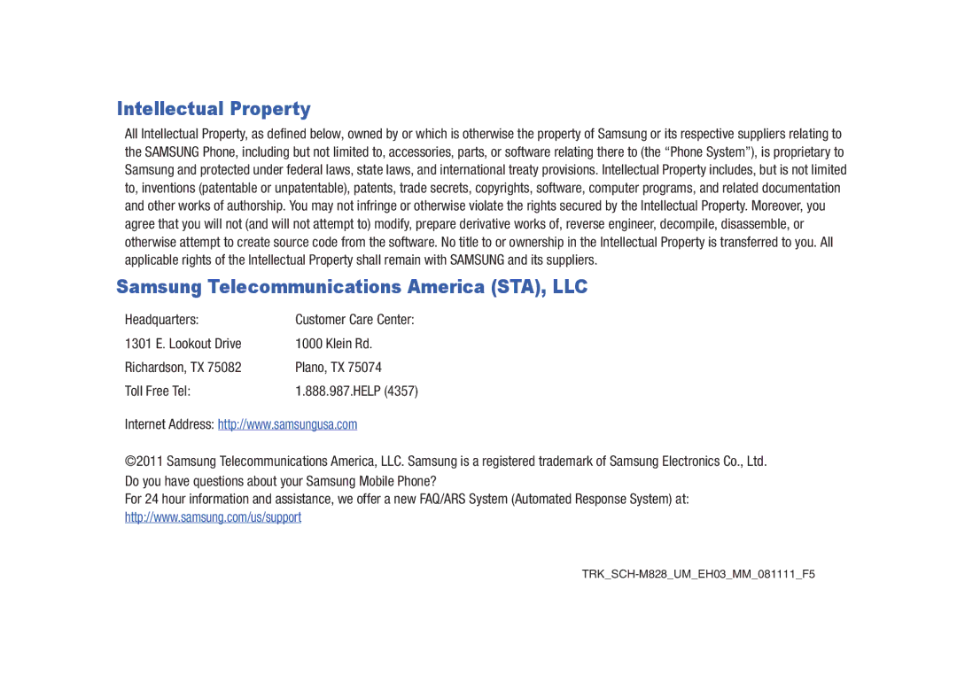 Samsung SCH-M828C user manual Intellectual Property, Headquarters 