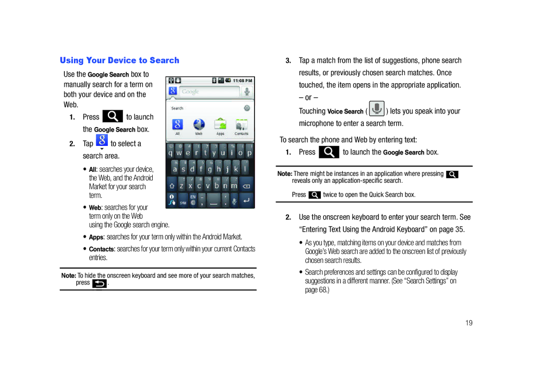 Samsung SCH-M828C Using Your Device to Search, Tap to select a search area, Using the Google search engine, Press 