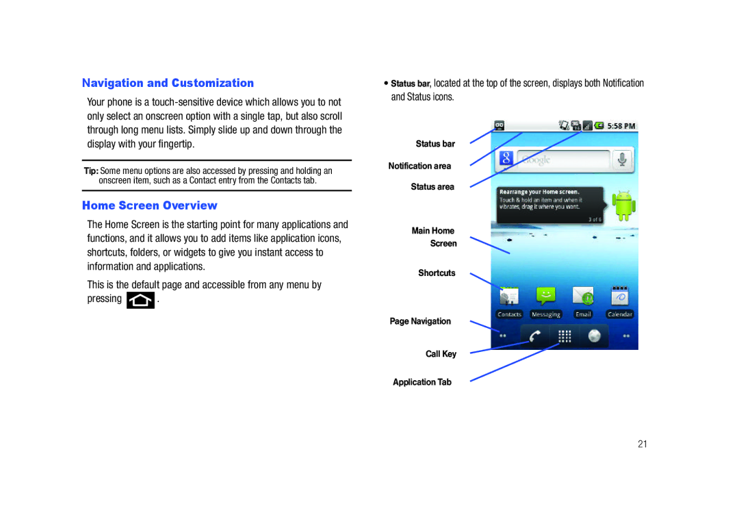 Samsung SCH-M828C user manual Navigation and Customization, Home Screen Overview 