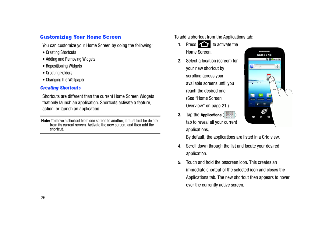 Samsung SCH-M828C user manual Customizing Your Home Screen, Creating Shortcuts 