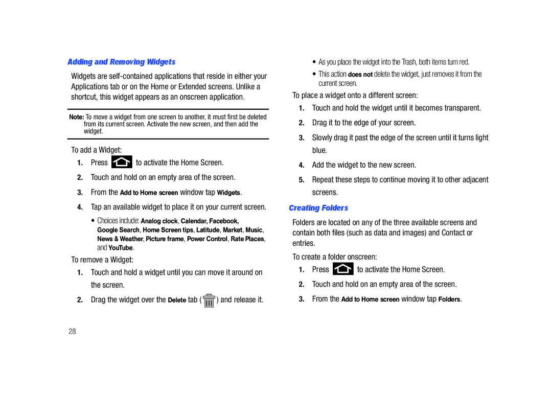 Samsung SCH-M828C Adding and Removing Widgets, Creating Folders, Drag the widget over the Delete tab and release it 