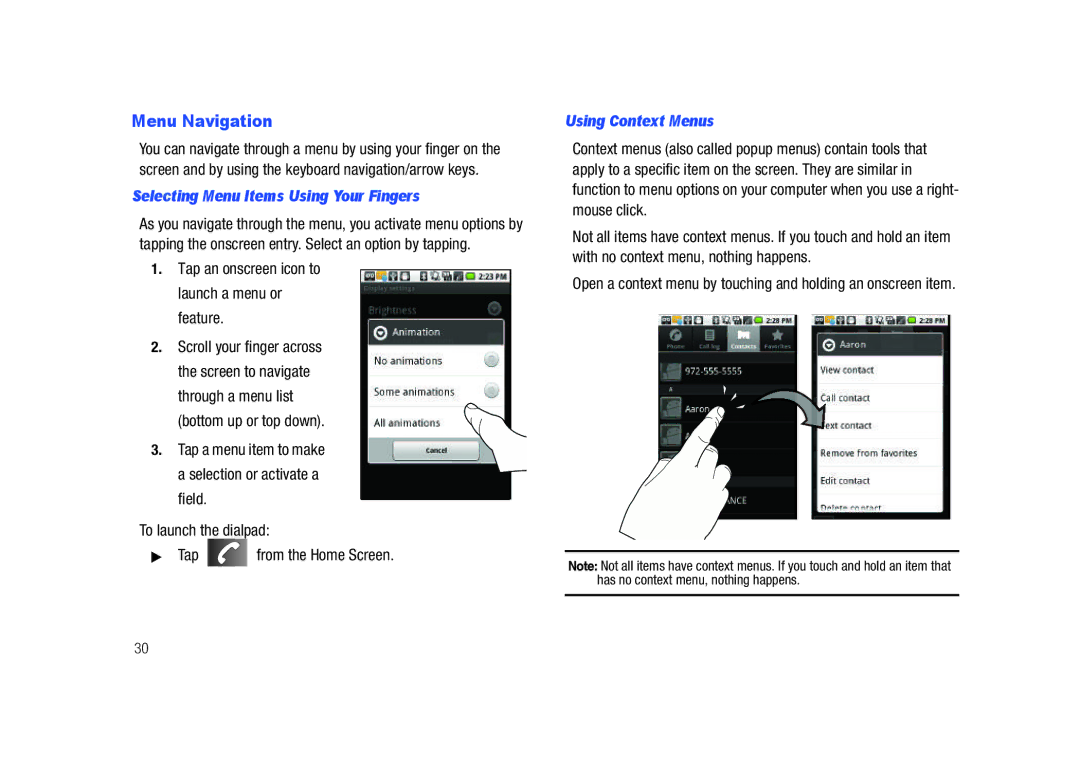 Samsung SCH-M828C user manual Menu Navigation, Selecting Menu Items Using Your Fingers, Using Context Menus 