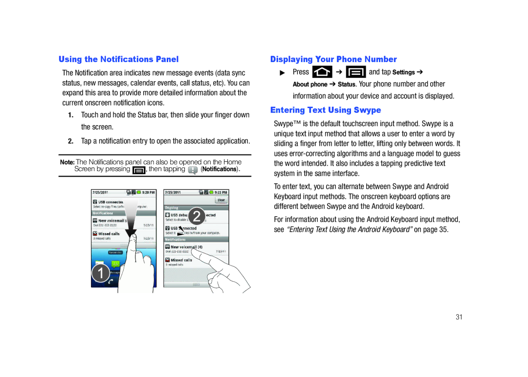 Samsung SCH-M828C user manual Using the Notifications Panel, Displaying Your Phone Number, Entering Text Using Swype 