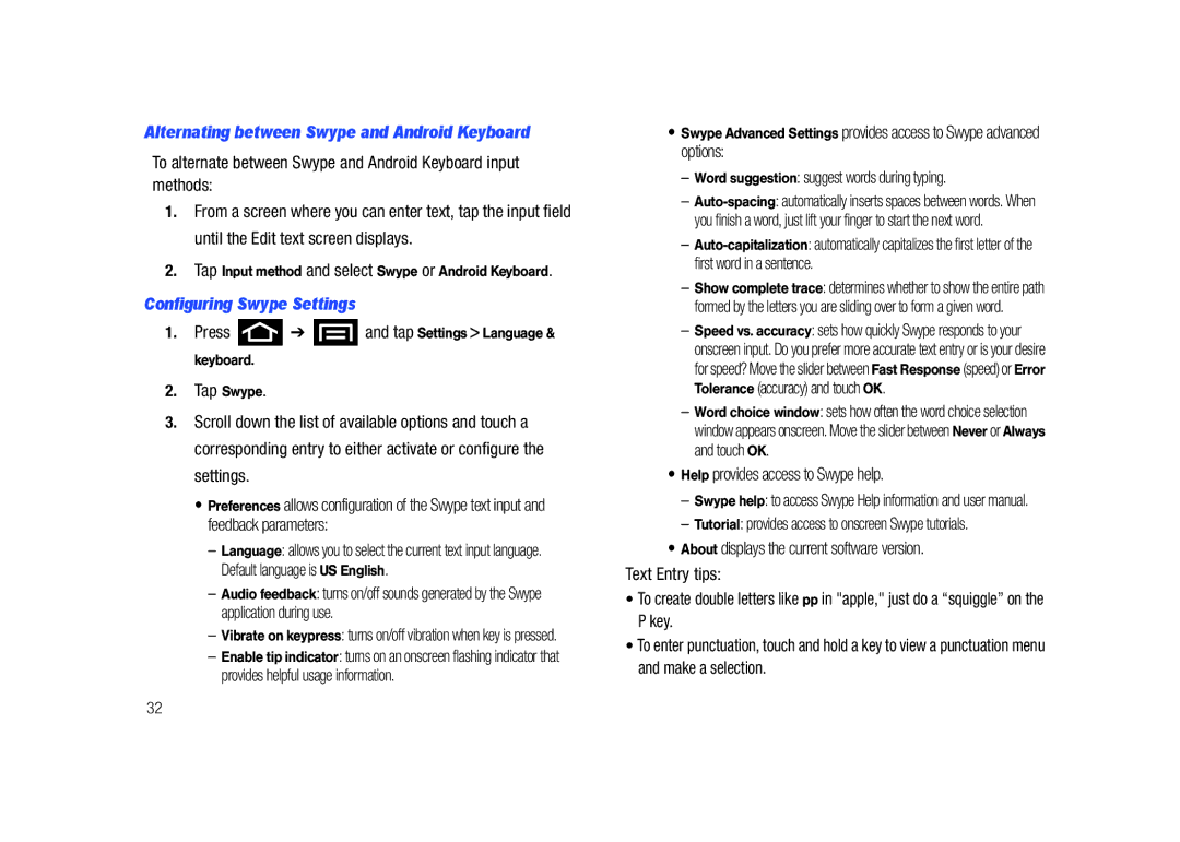 Samsung SCH-M828C user manual Alternating between Swype and Android Keyboard, Configuring Swype Settings 