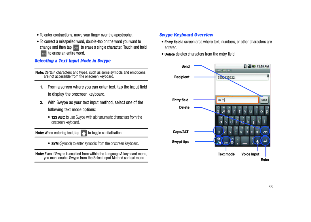 Samsung SCH-M828C user manual To erase an entire word, Selecting a Text Input Mode in Swype, Swype Keyboard Overview 